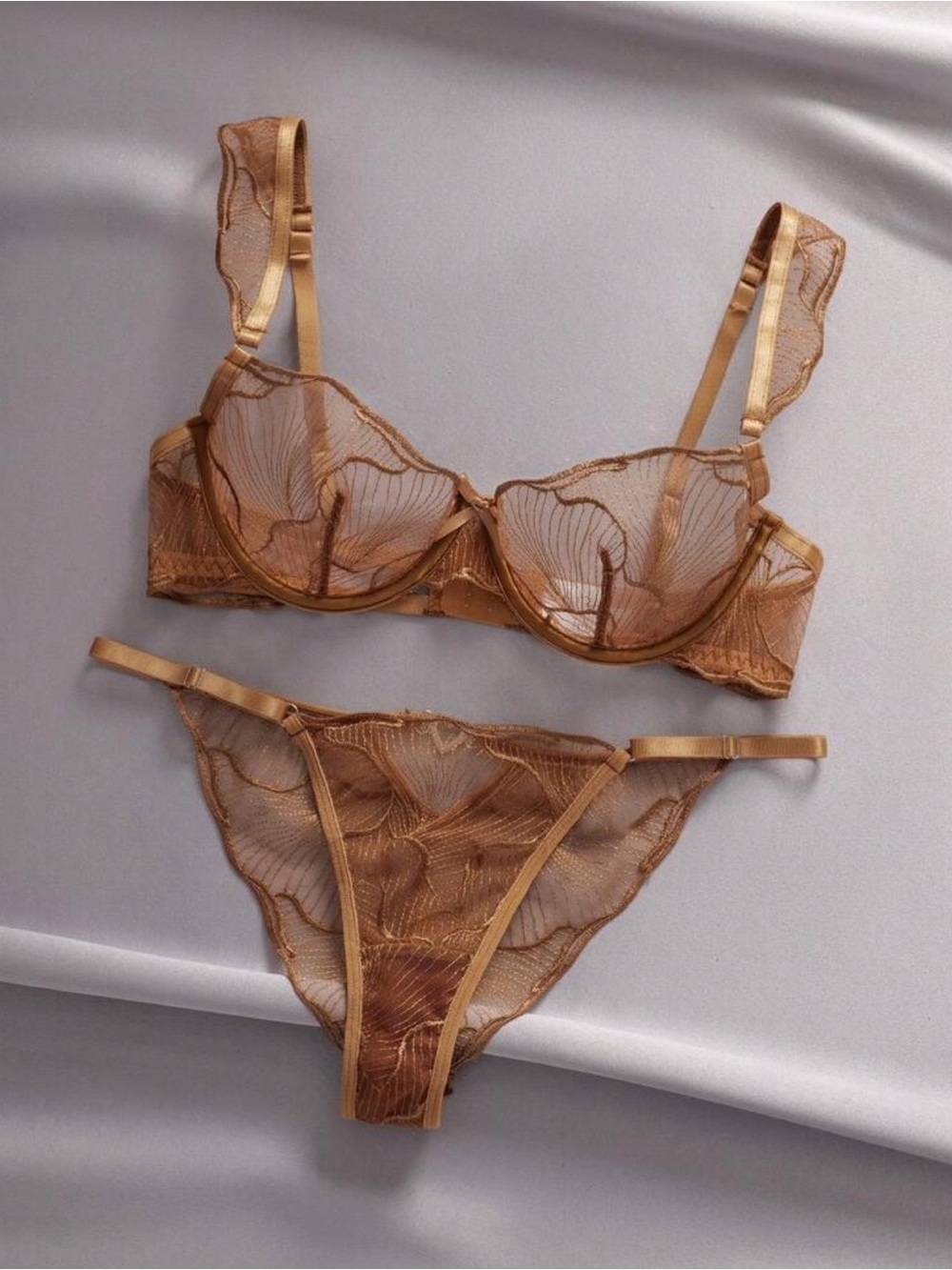 Underwire Bra and Thong Panty Set in Brown